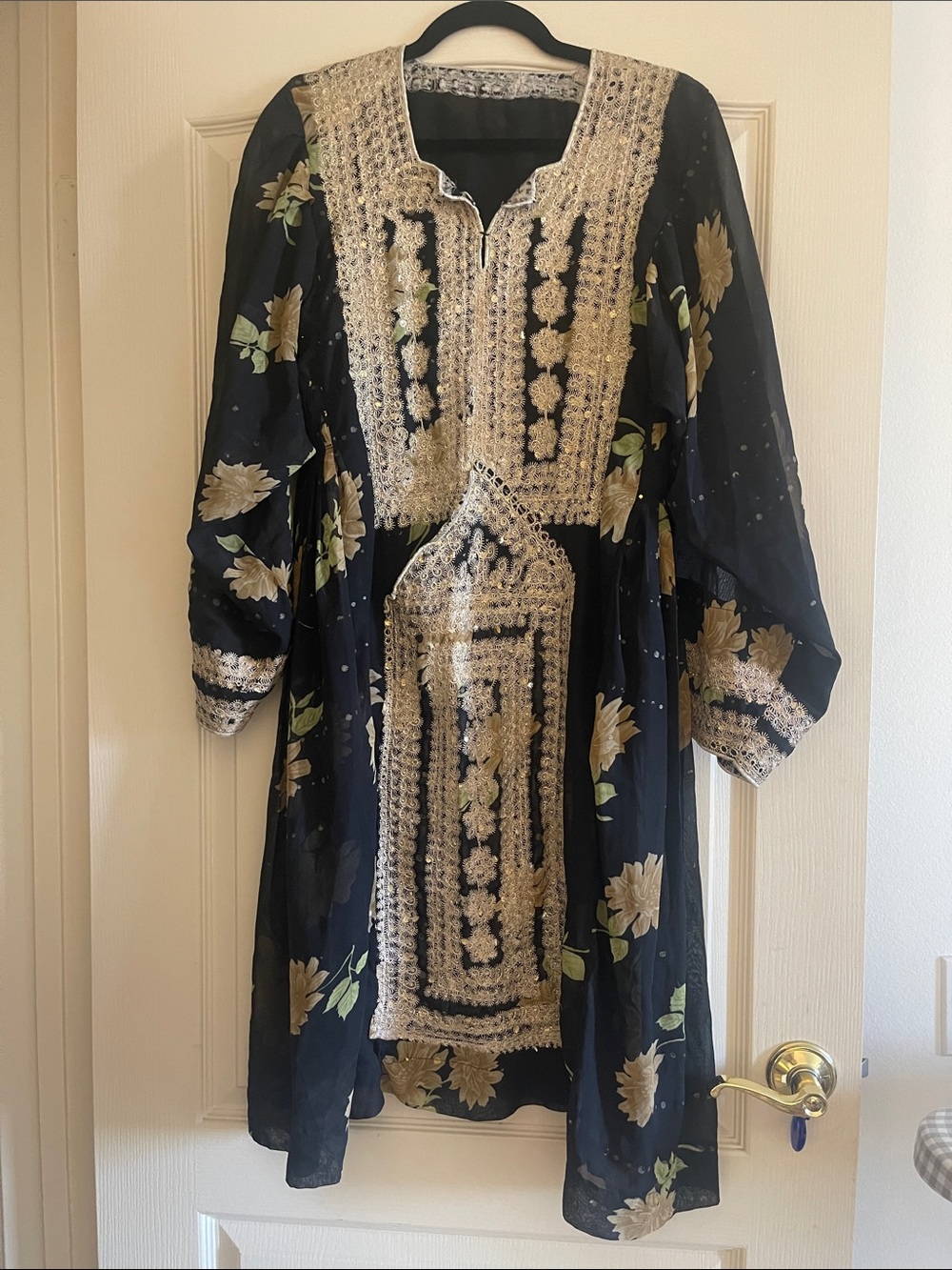 AS Is, very bohemian Embroidered Floral Long Sleeve Dress in Black and Gold